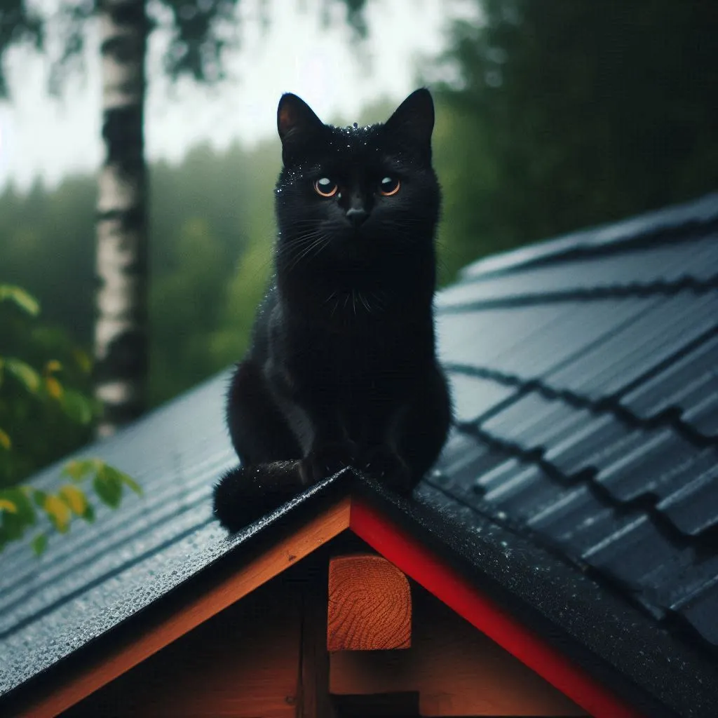 Gato preto sentado em cima do telhado de uma casa